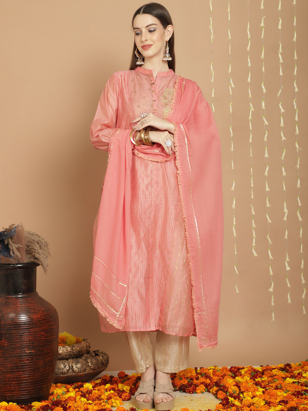

KSM PRINTS Ethnic Motifs Embroidered Semi-Stitched Dress Material, Pink