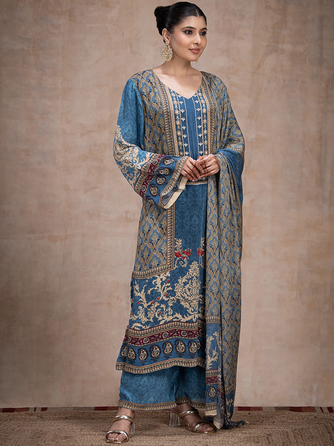 

The Front Row Women Floral Regular Beads and Stones Silk Crepe Kurta with Palazzos & With Dupatta, Blue