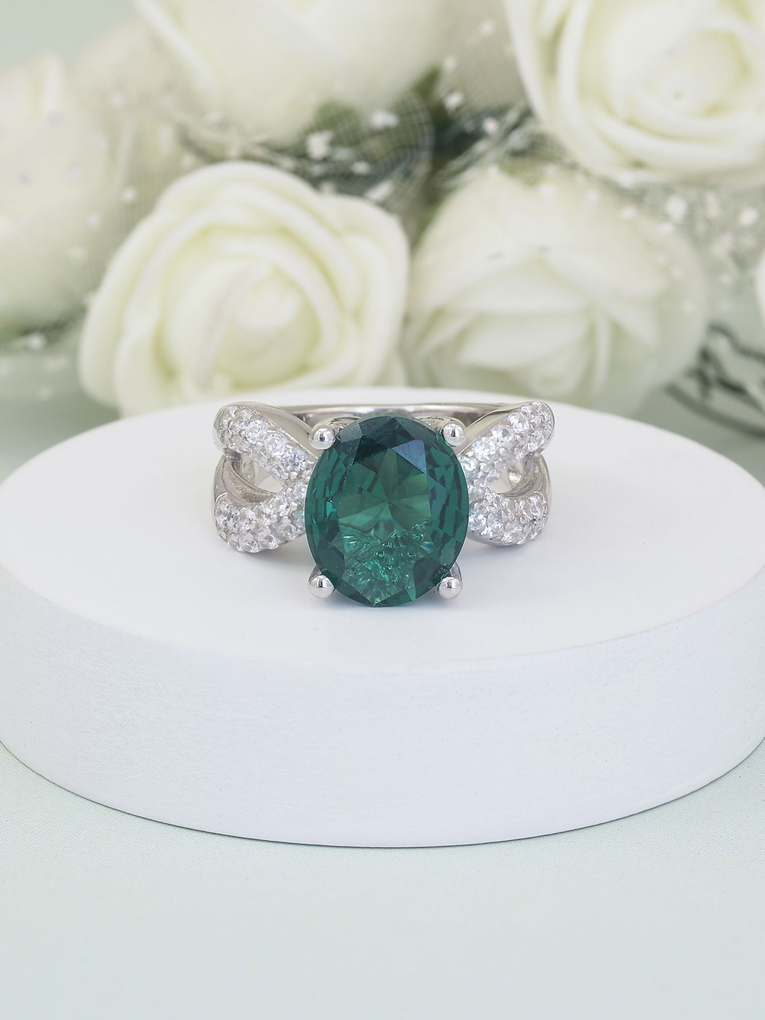 

Ornate Jewels 925 Rhodium-Plated CZ Studded Emerald Finger Ring, Silver