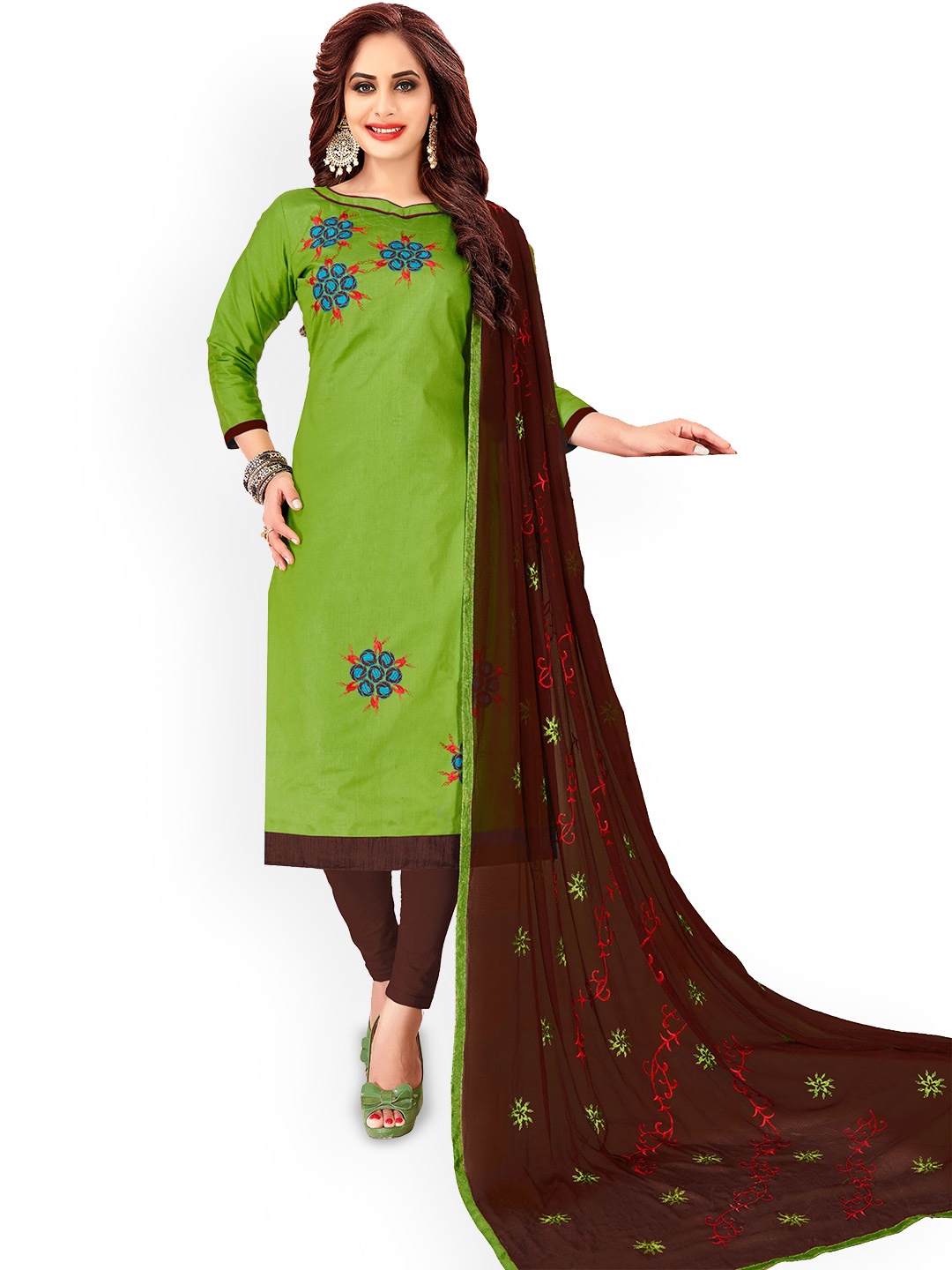 

Maroosh Ethnic Motifs Embellished Thread Work Unstitched Dress Material, Green