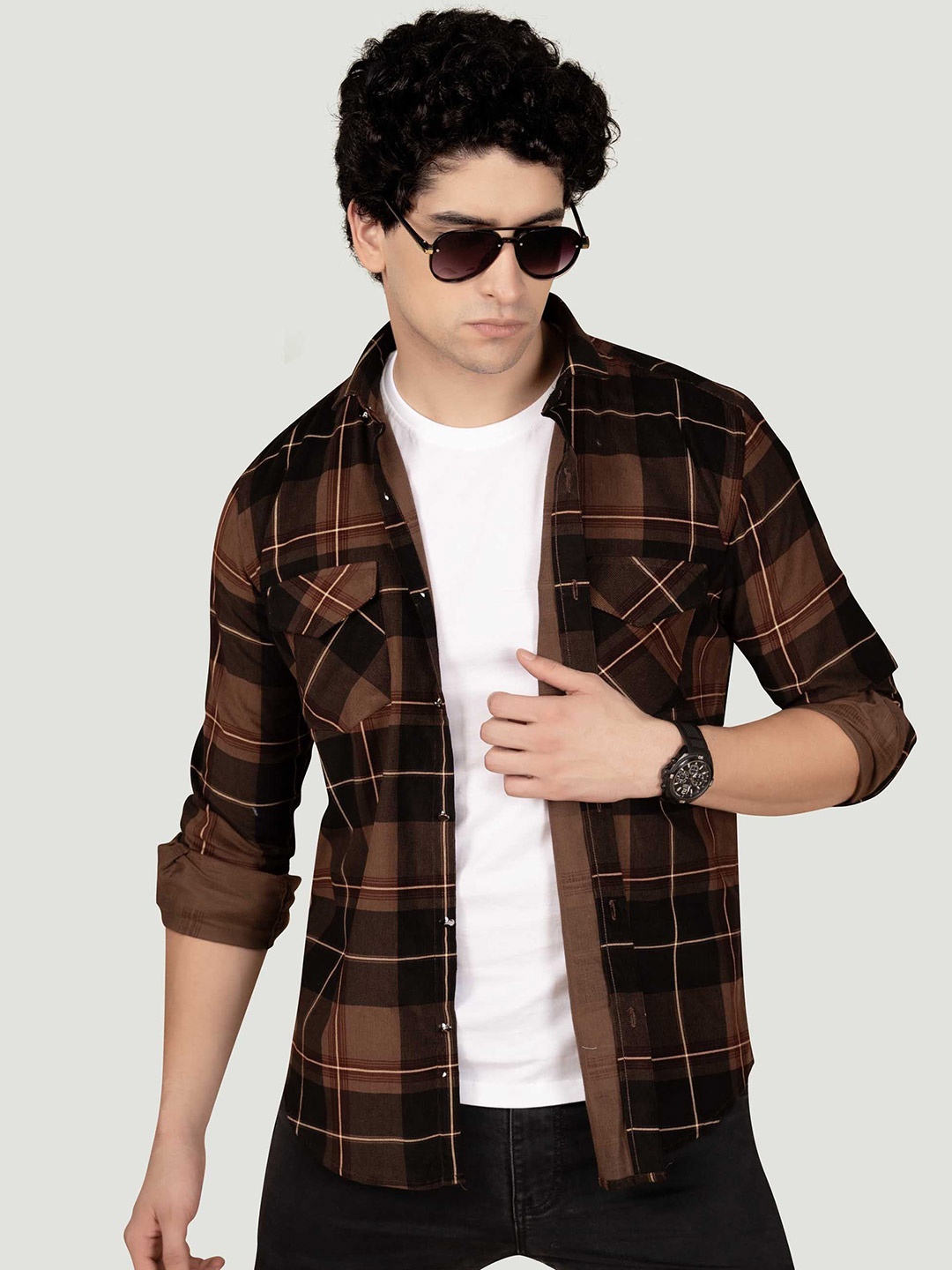

ALMATY Men Comfort Spread Collar Tartan Checked Relaxed Fit Casual Shirt, Brown