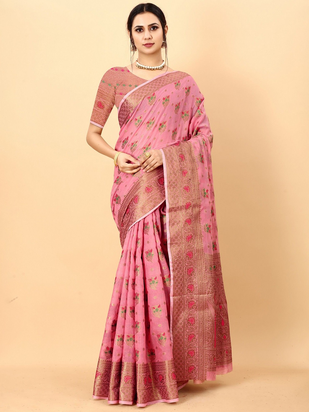 

VARNI FABRICS Ethnic Motifs Zari Pure Cotton Banarasi Saree, Pink