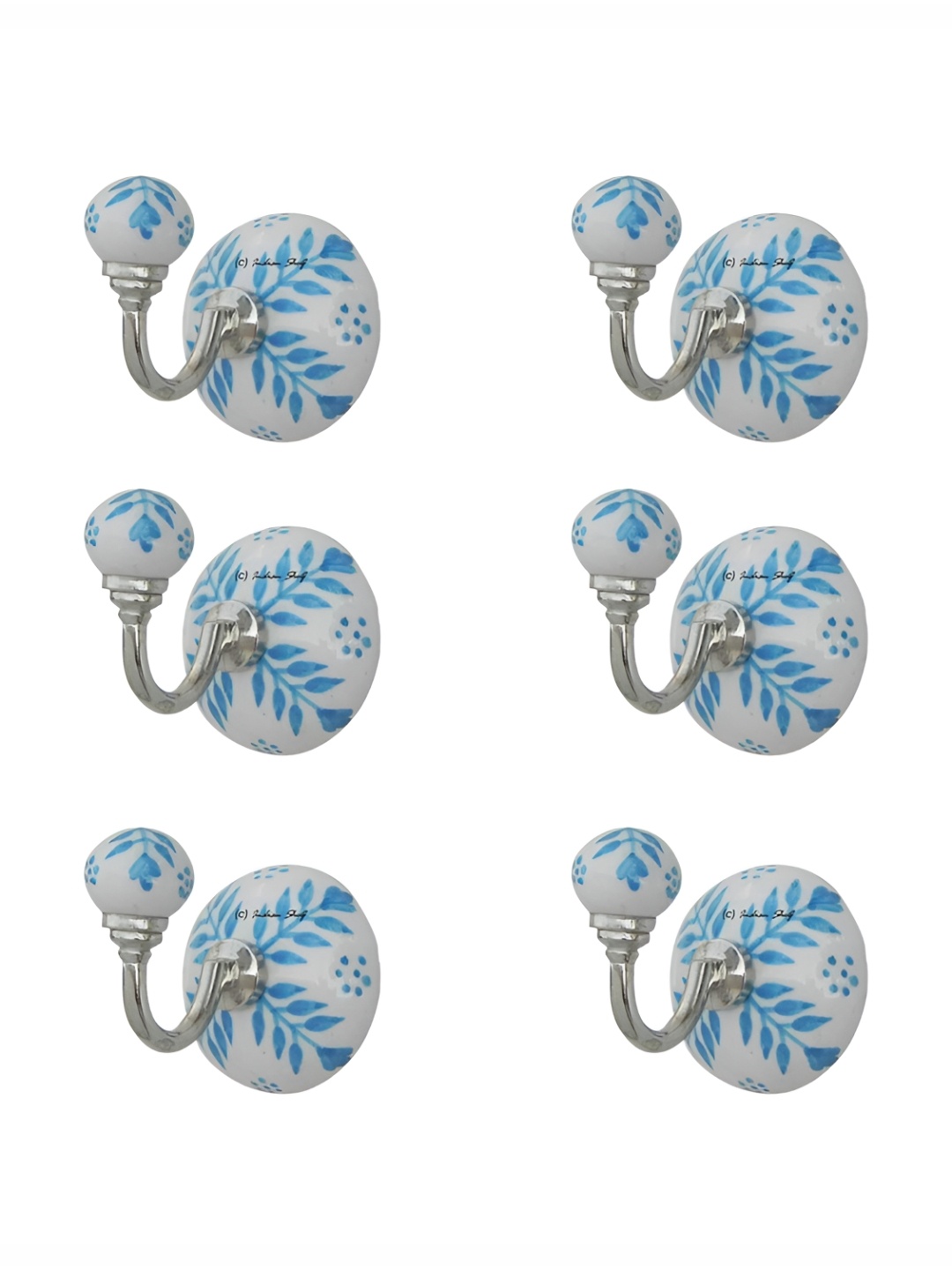 

IndianShelf Turquoise Blue & White 6 Pieces Ceramic Leaf Door Hangers Key Hooks