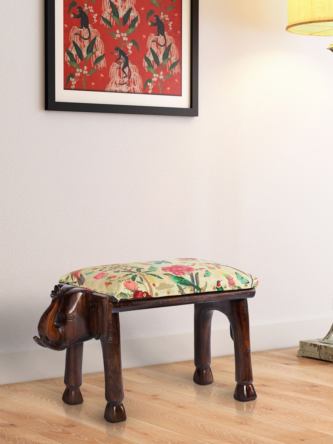

India Circus by Krsnaa Mehta Yellow & Brown Printed Wooded Ottomans
