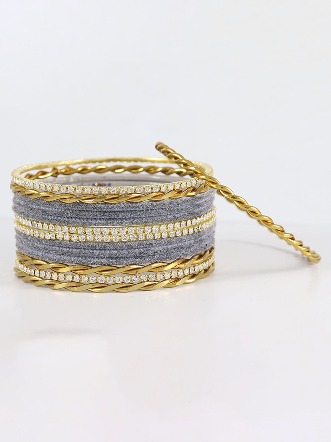 

ZULKA Set of 28 Zircon Gemstone with Velvet Twisted Detail Metal Bangle, Grey