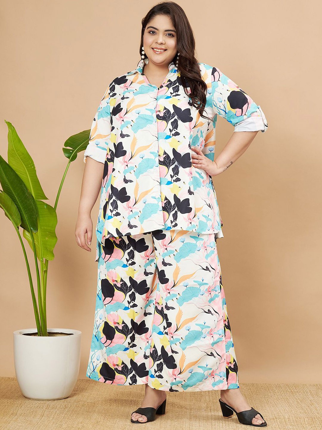 

MOOBA Floral Printed Shirt Collar Shirt With Palazzo Co-Ords, White