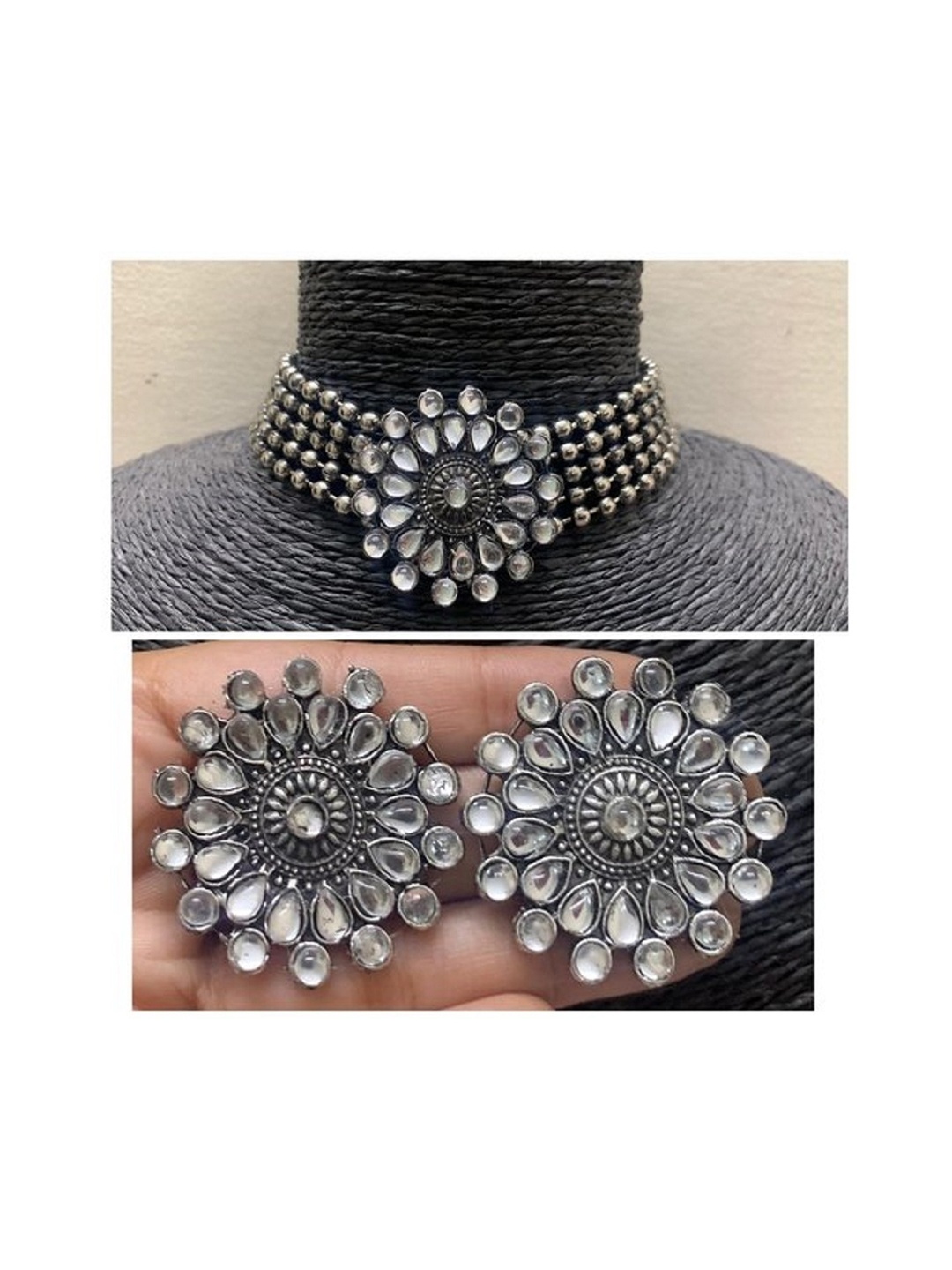 

SUNHARI Silver-Plated Stone-Studded Oxidised Jewellery Set