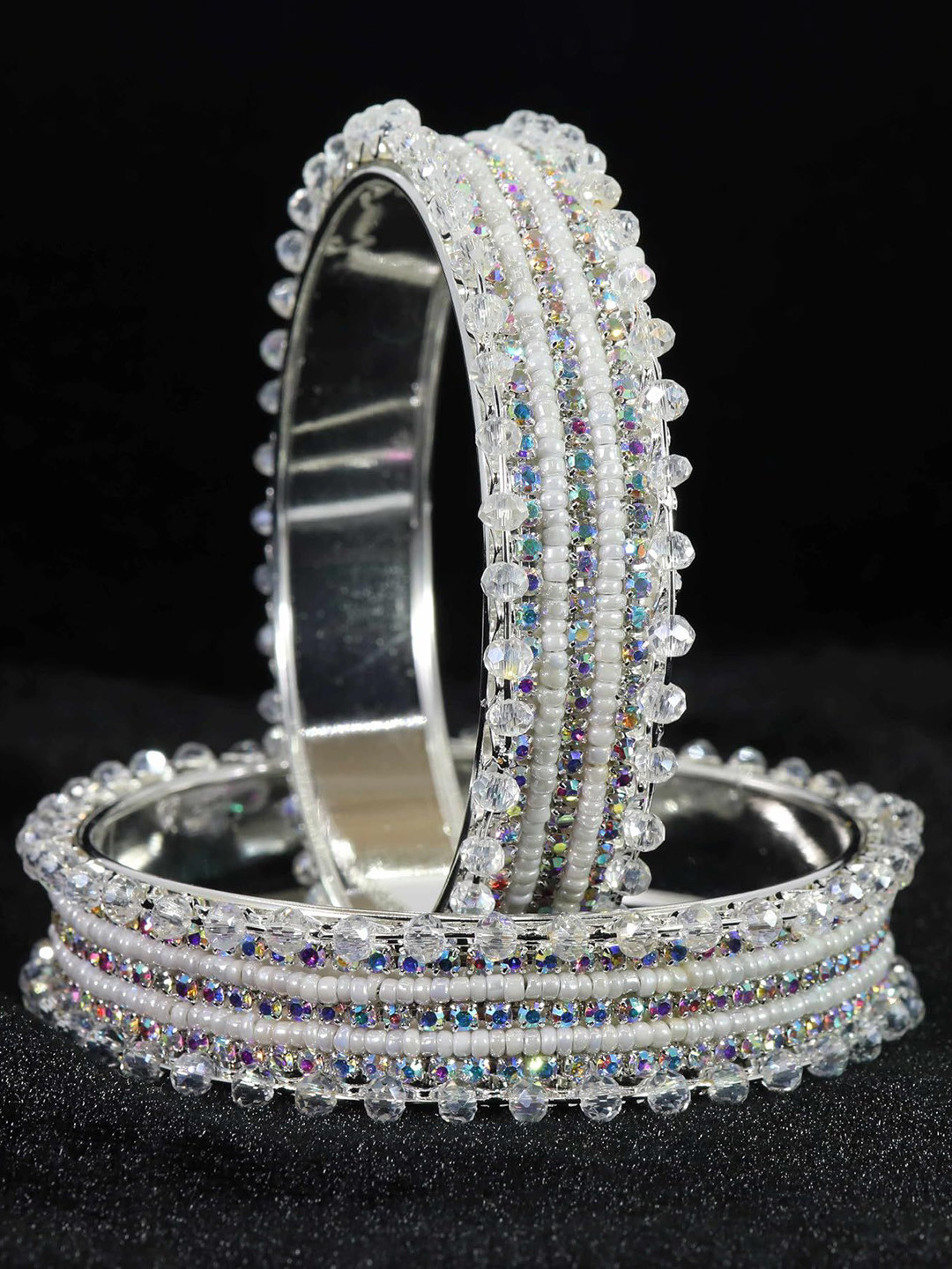 

ZULKA Set Of 2 Silver-Plated Artificial Stones and Beads Studded Bangles