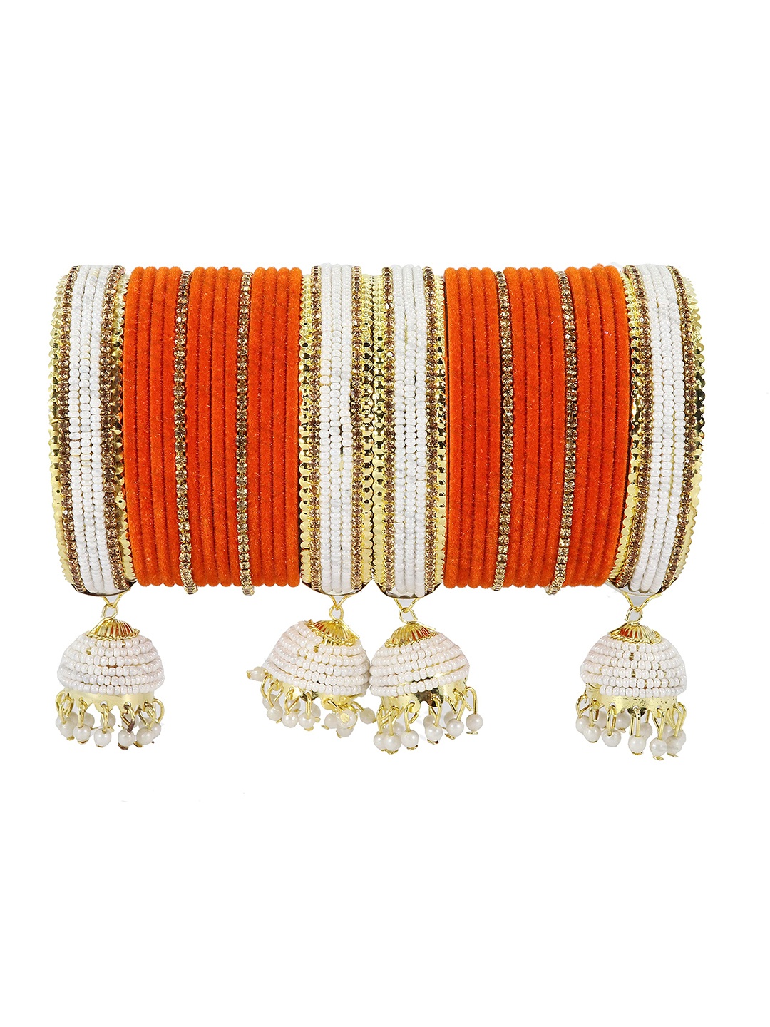 

ZULKA Set of 32 Acrylic with Oval Beads Or Zircon Gemstone Studded worked Short Chuda, Gold