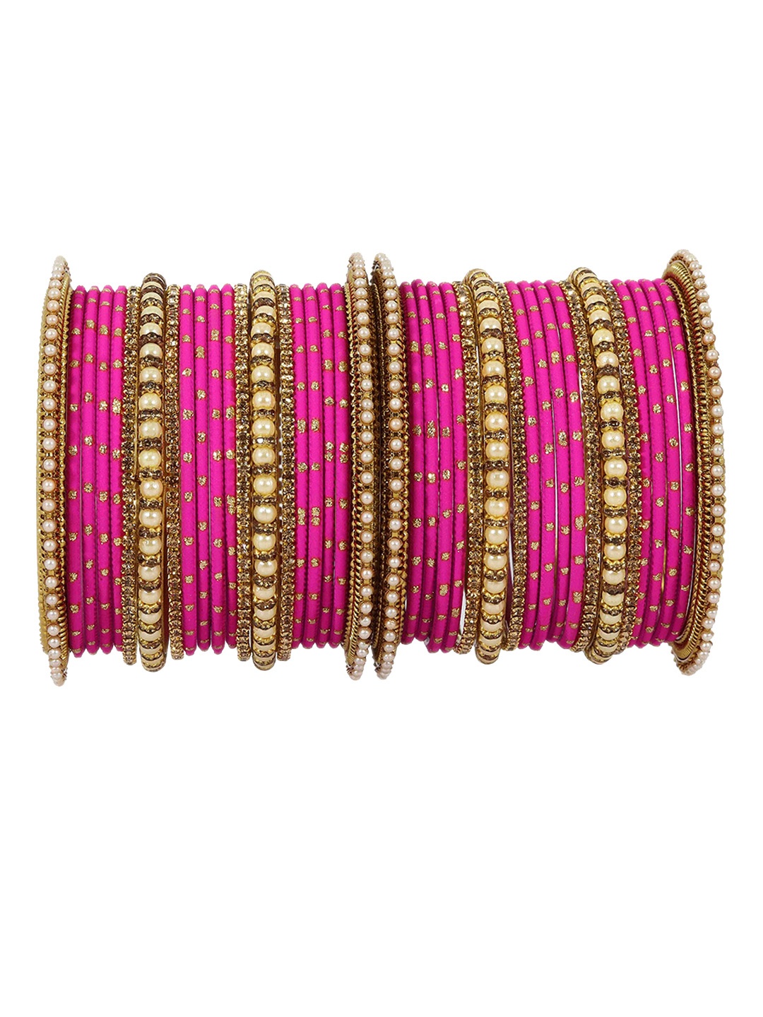 

ZULKA Set of 40 Women Pearl & Stone Studded Metal Bangle, Pink
