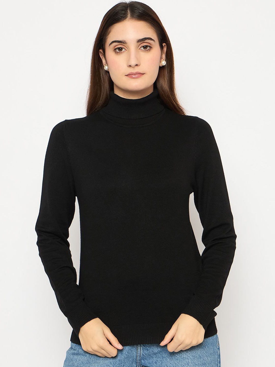 

Madame Women Turtle Neck Cotton Pullover, Black