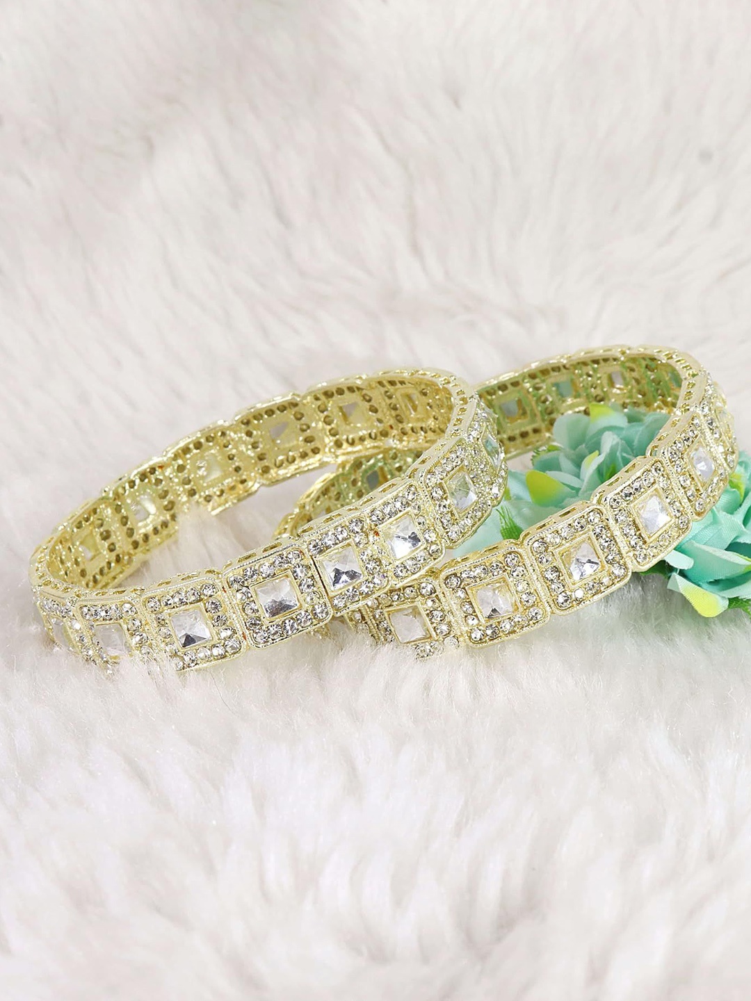 

ZULKA Set of 2 Golden Metal Bangles Kada with Zircon Diamond & Kundan Mirror, Silver