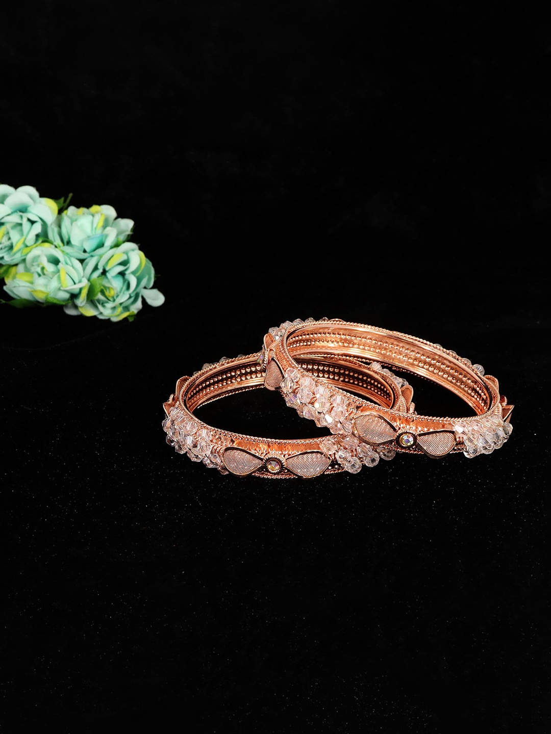 

ZULKA Set of 2 Rose-Gold Plated Pearls & Zircon Stone Studded Kada
