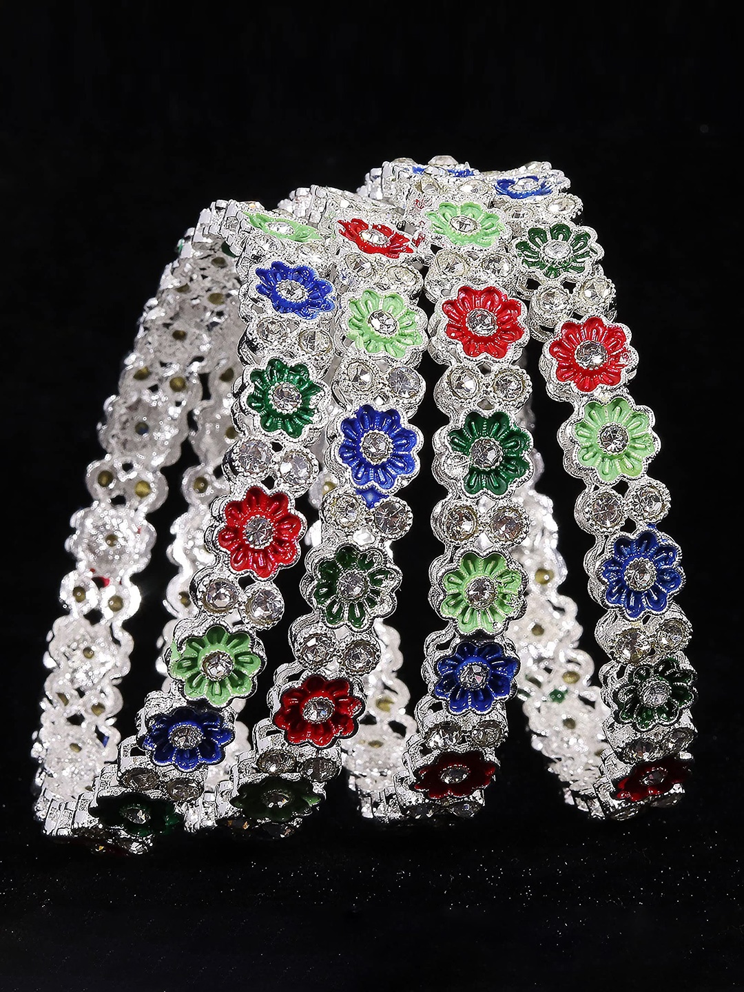 

ZULKA Set of 4 Silver Plated Metal With Zircon Gemstone MeenaKari Kada, Multi