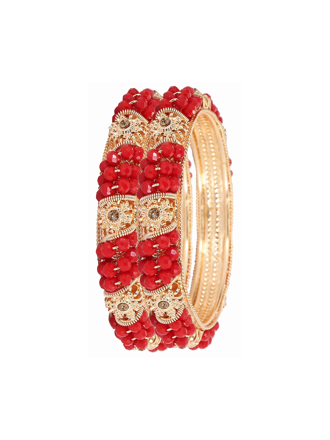 

ZULKA Set of 2 Metal with Zircon Gemstone & Colourful Beads Kada, Red