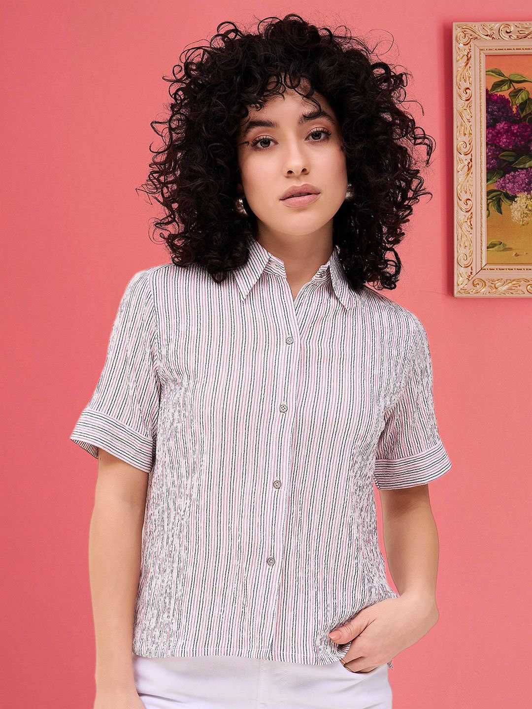 

DressBerry Women Spread Collar Candy Striped Casual Shirt, Pink
