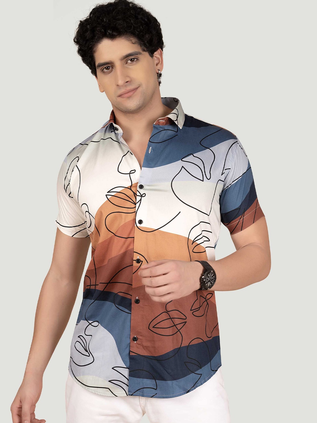 

ALMATY Men Comfort Spread Collar Abstract Printed Casual Shirt, White