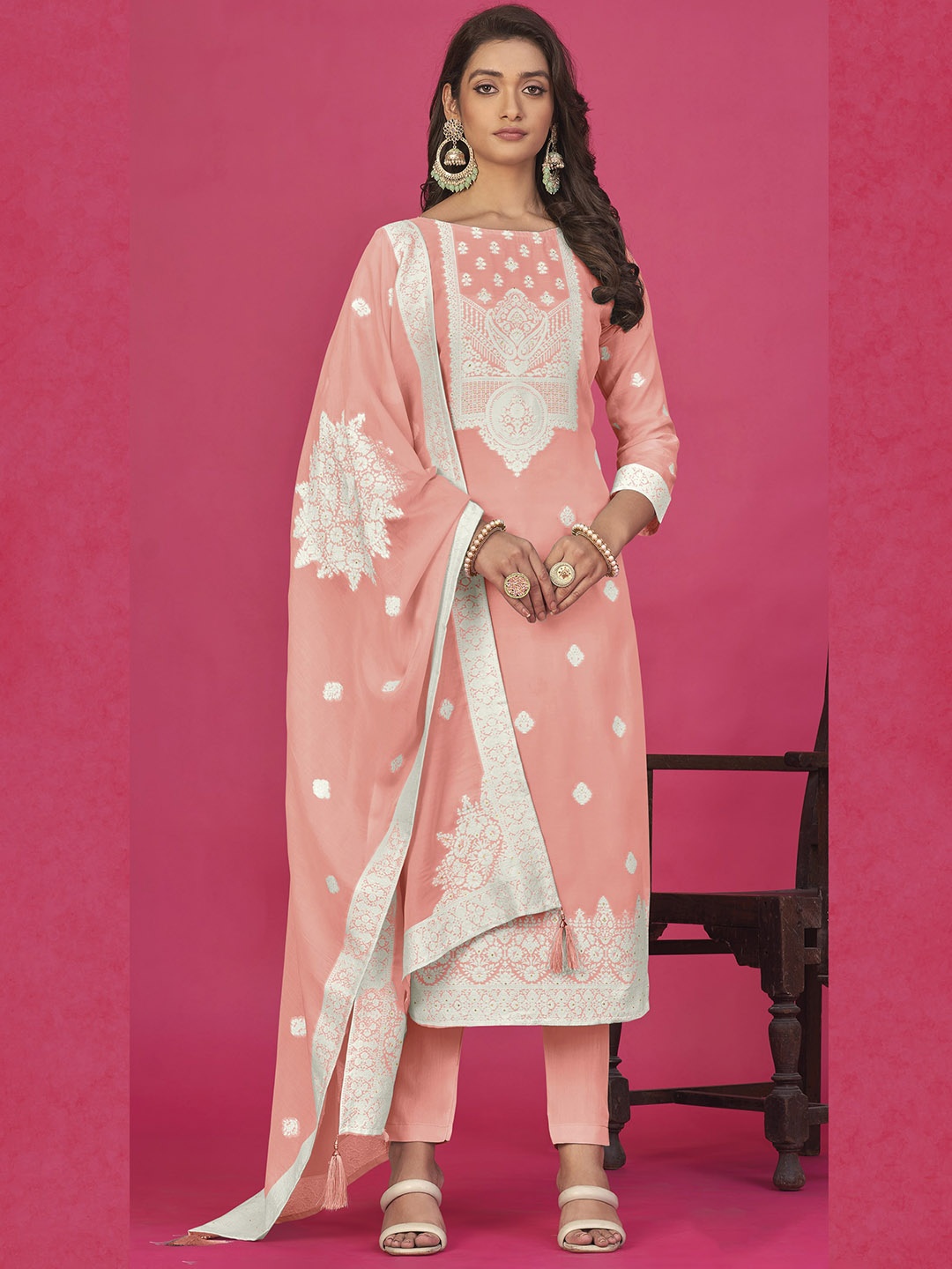 

KSM PRINTS Floral Embroidered Organza Unstitched Dress Material, Peach