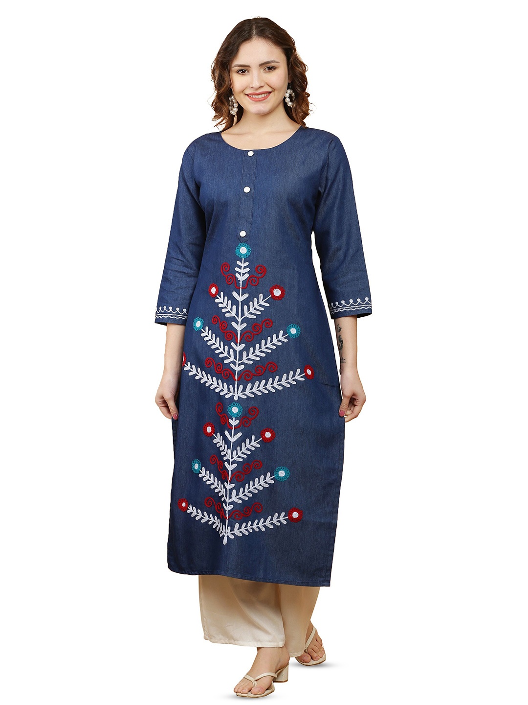 

Sellingsea Women Chikankari Embroidered Calf Length Kurta, Blue