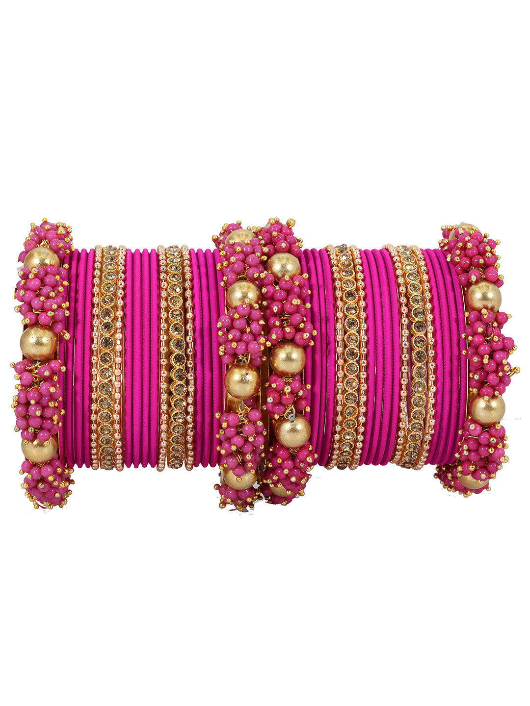 

ZULKA Set of 42 Zircon Gemstone Studded & Beaded Velvet Bangles, Pink