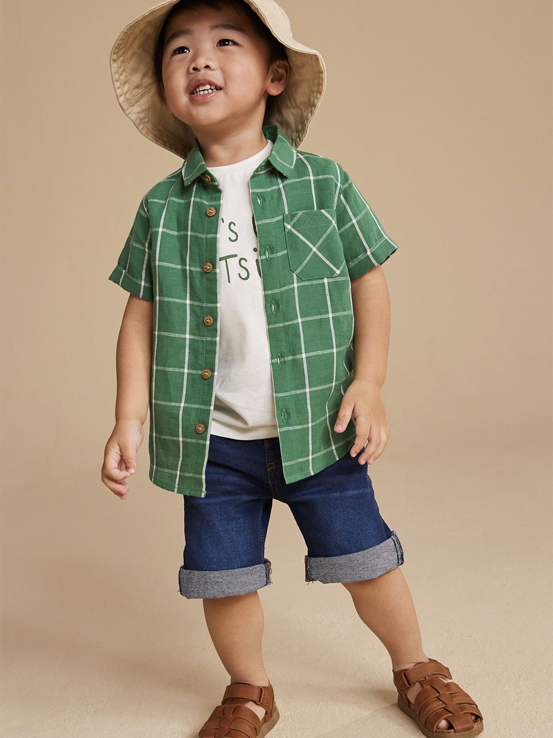 

mothercare Boys Classic Checked Opaque Pure Cotton Casual Shirt Comes With T-shirt, Green