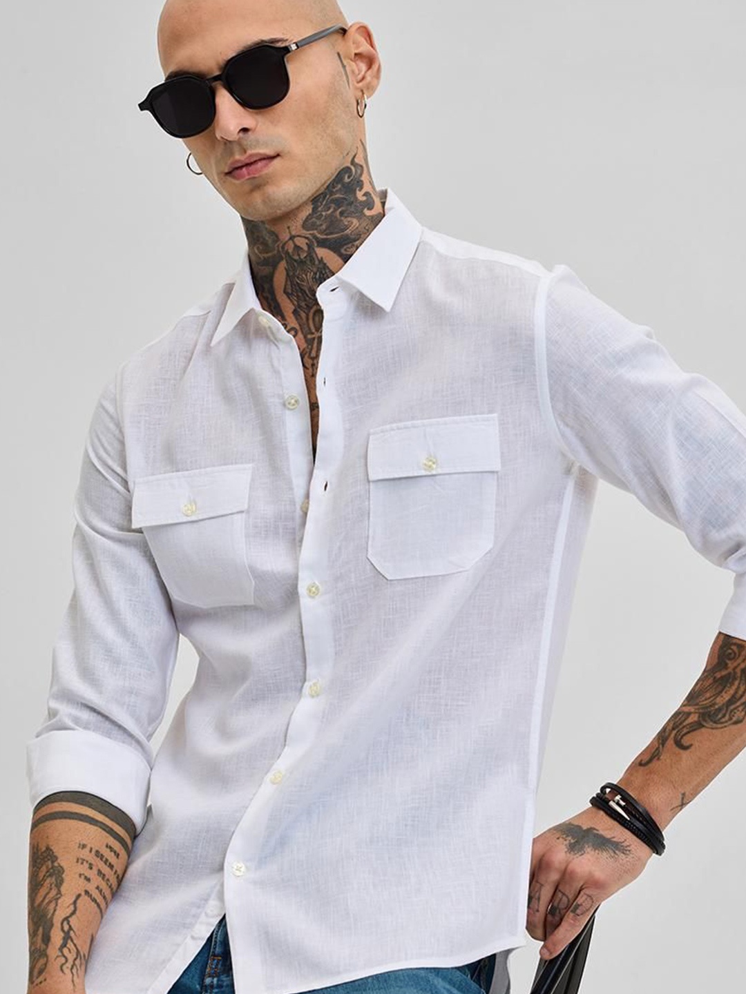

Snitch Men Relaxed Spread Collar Solid Linen Casual Shirt, White