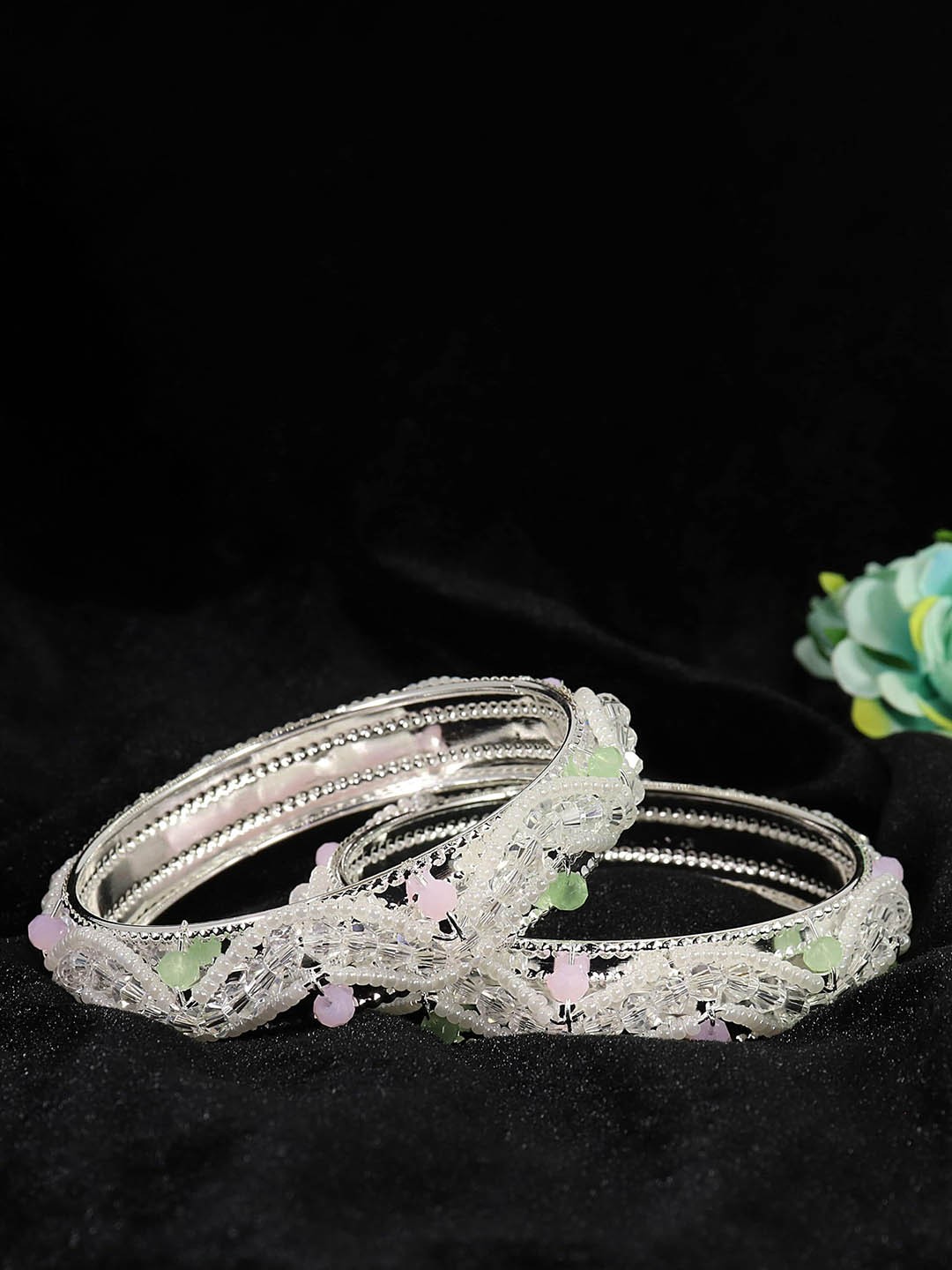

ZULKA Set of 2 Pearls Studded Metal Bangles, Silver