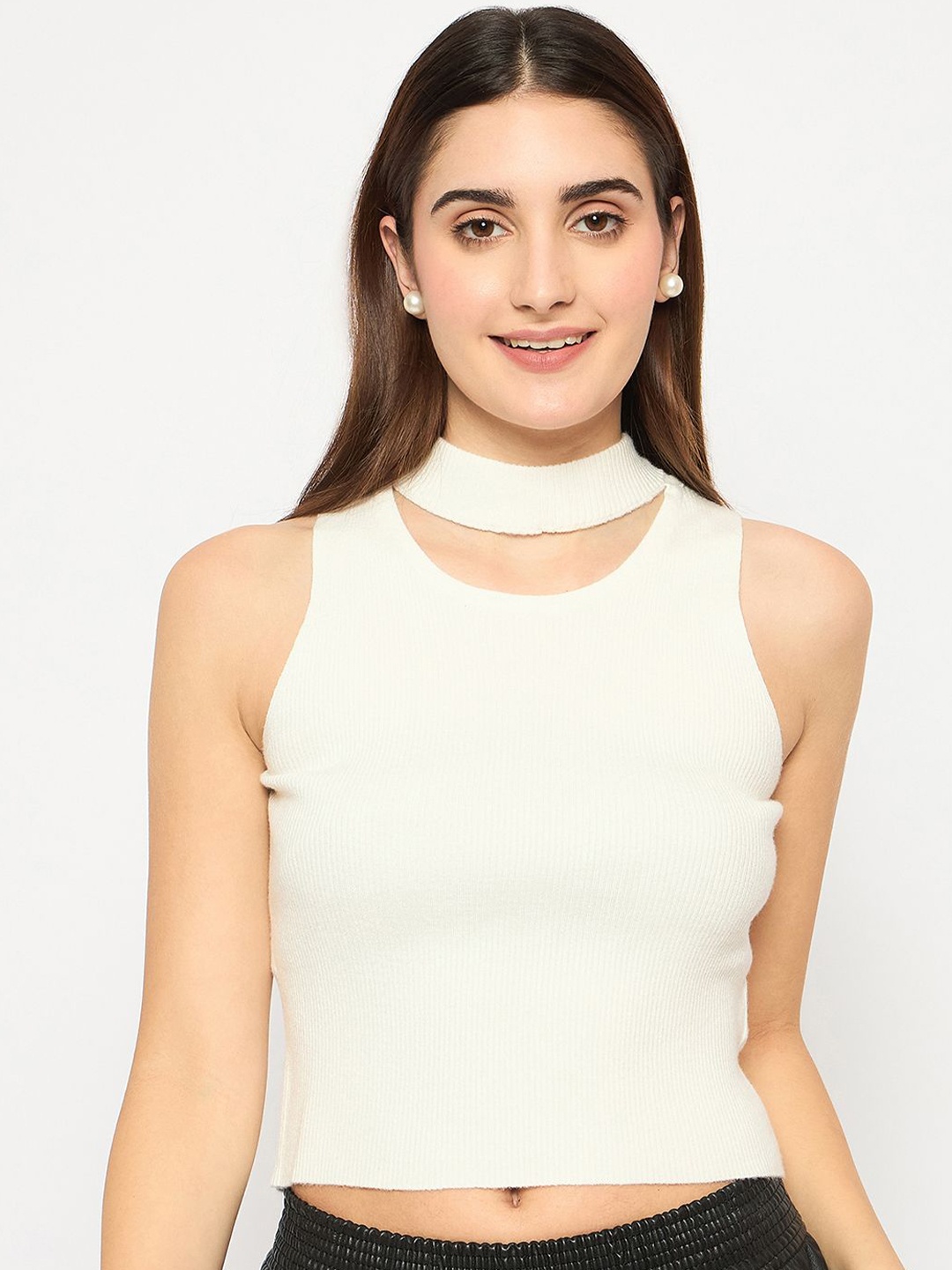 

Madame Women Ribbed Crop Pullover Sweater, Off white