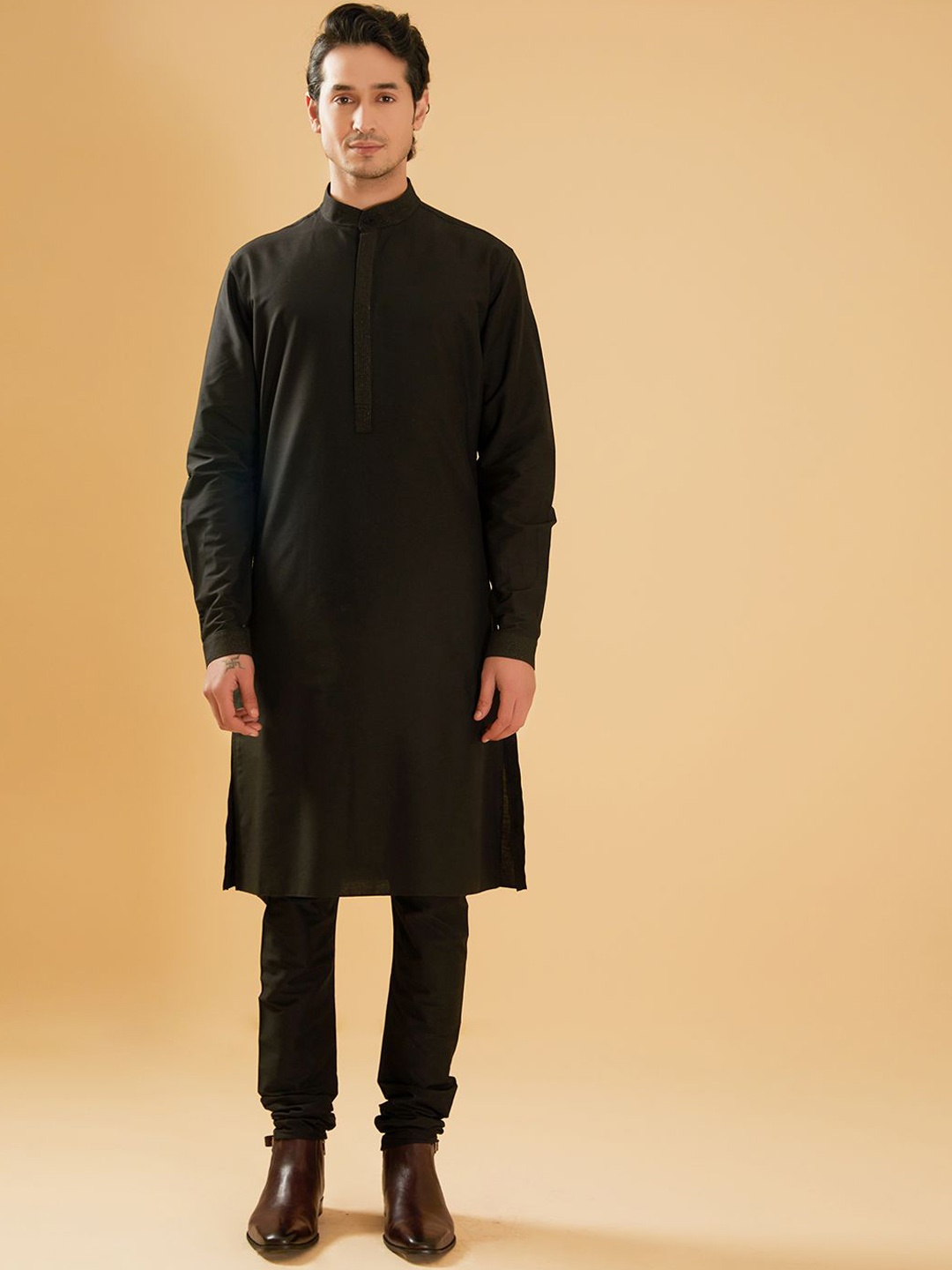 

RR Blue Yoke Design Band Collar Straight Raw Silk Kurta, Black