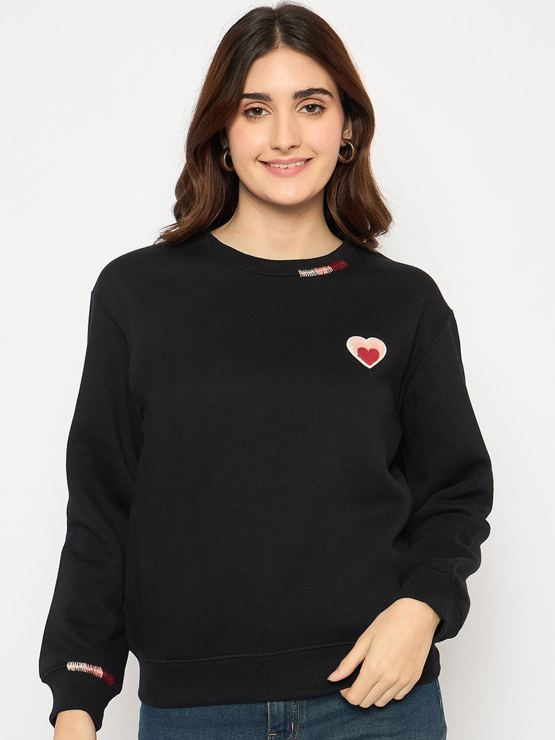 

Madame Women Printed Round Neck Sweatshirt, Black