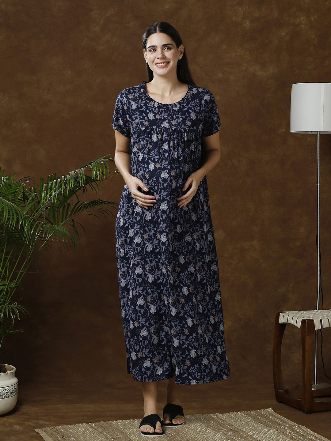 

MomToBe Printed Maxi Nightdress, Navy blue