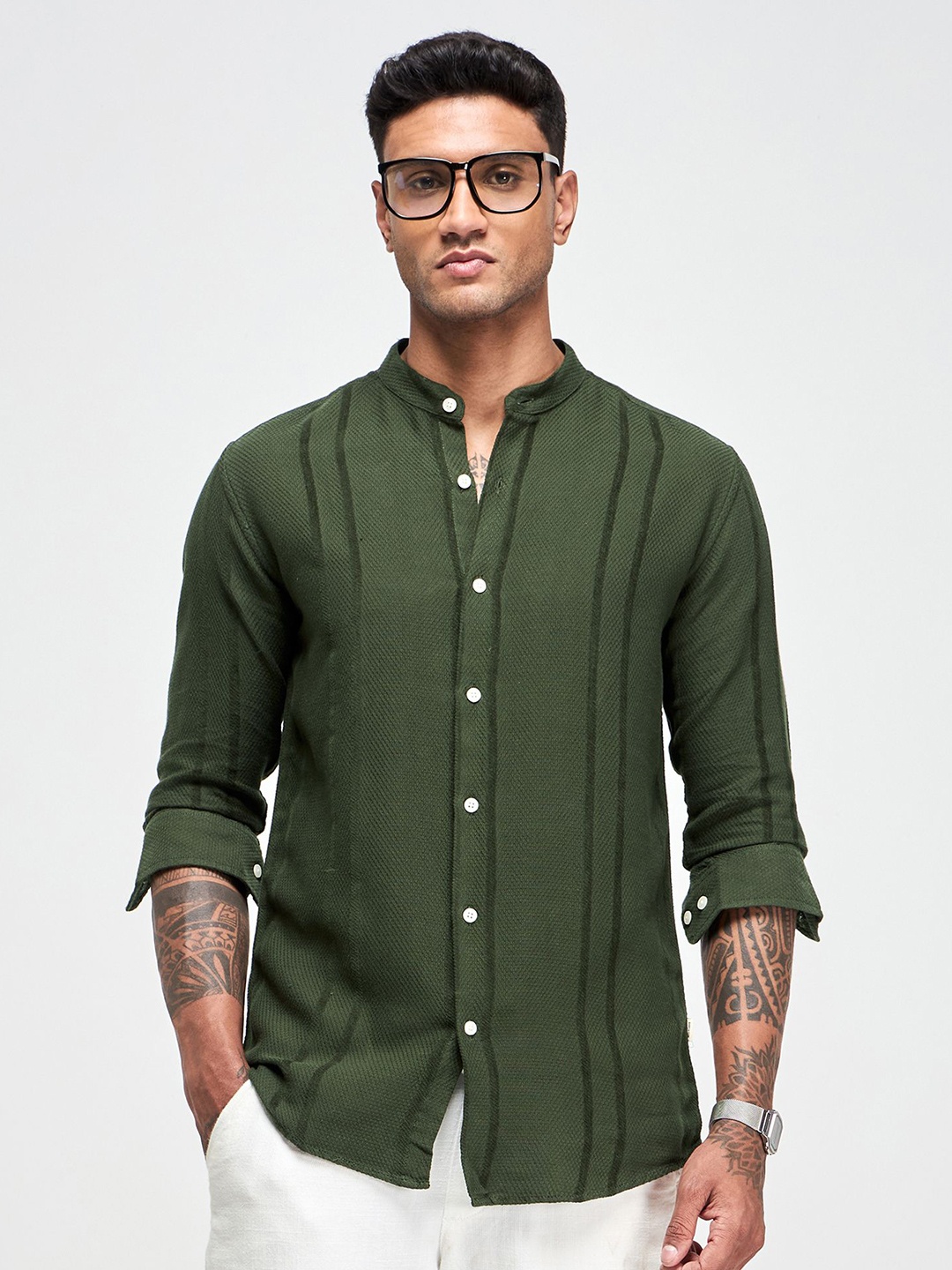 

Red Flame Men Band Collar Textured Cotton Linen Casual Shirt, Olive