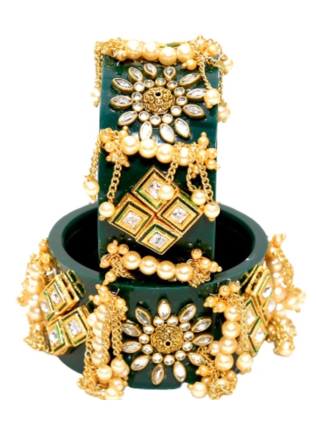 

Align Set Of 2 Gold-Plated Artificial Stone-Studded & Beaded Bangles, Green
