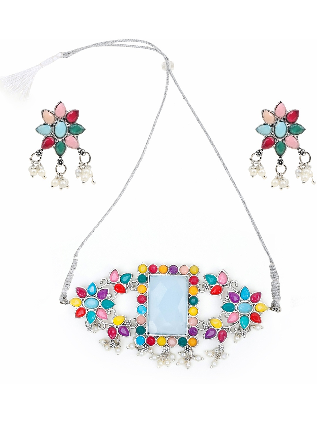 

SUNHARI Stone-Studded & Beaded Oxidised Jewellery Set, Silver