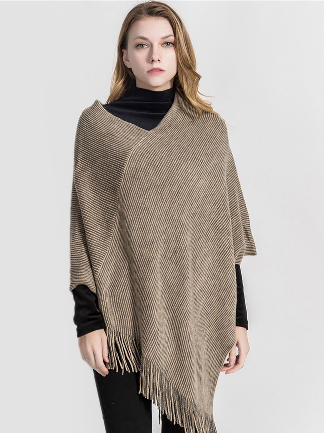 

LULU & SKY Fringed Hem Asymmetric Poncho, Khaki