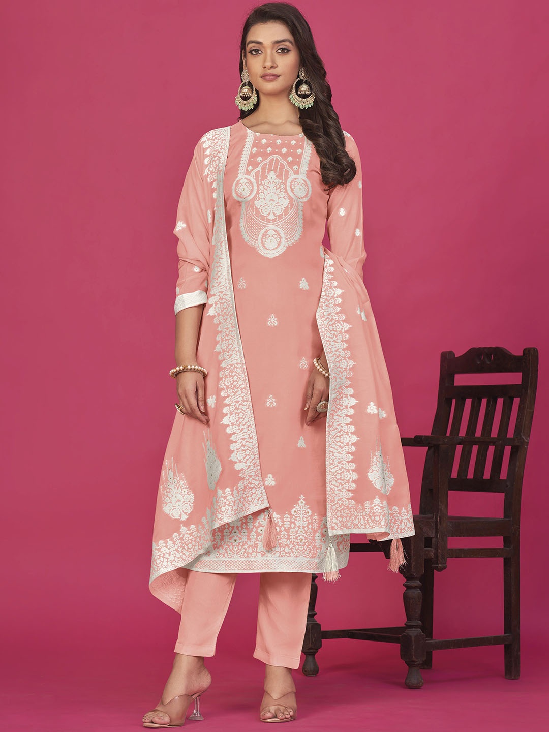 

KSM PRINTS Floral Embroidered Organza Unstitched Dress Material, Peach