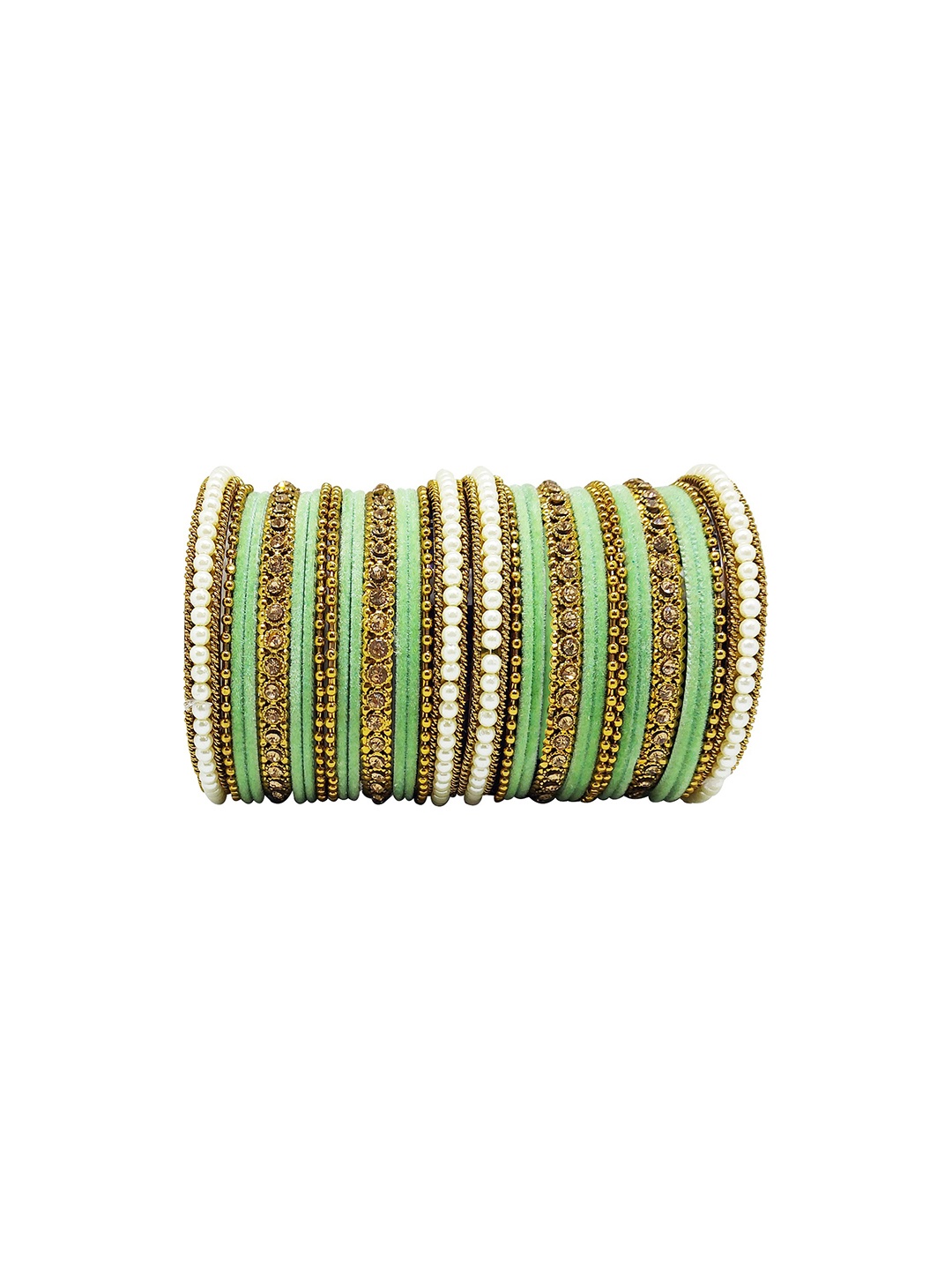 

CHRISHAN Set Of 32 Stone-Studded & Beaded Fabric Bangles, Gold