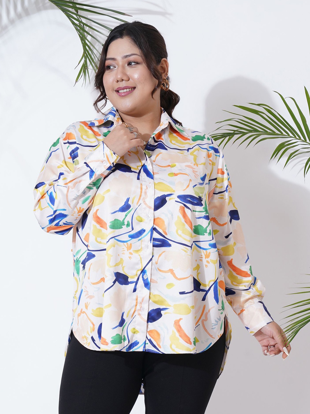 

MOOBA Women Classic Spread Collar Floral Printed Satin Casual Shirt, Beige