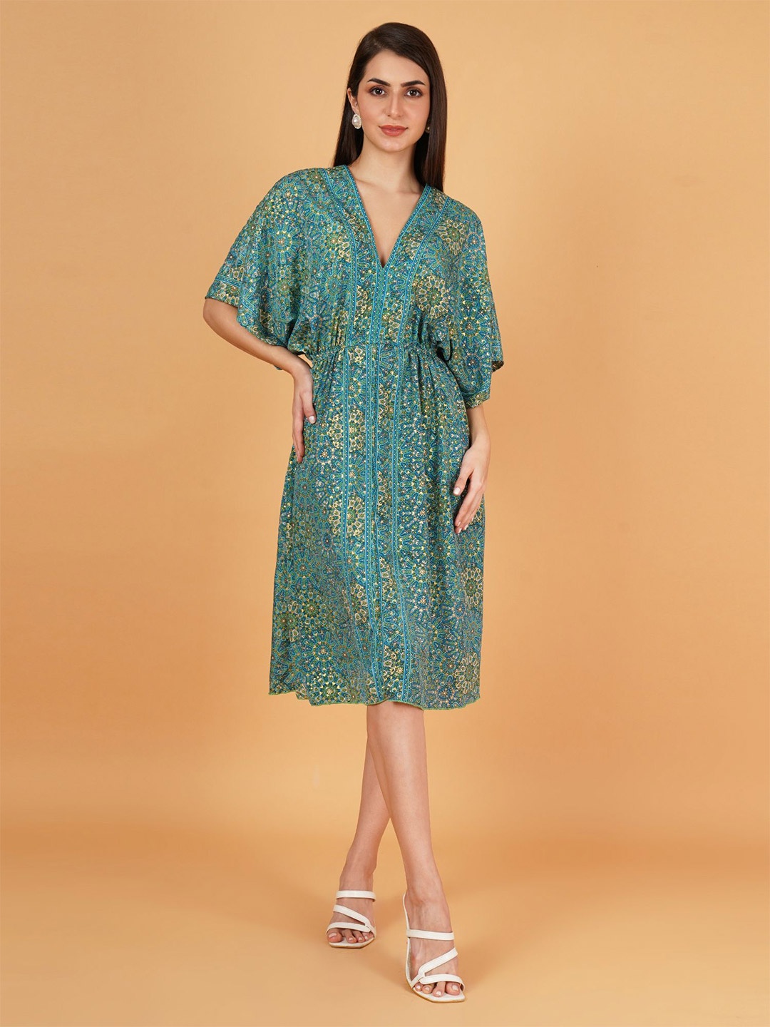 

IX IMPRESSION Women Floral V-Neck Printed Kimono Sleeve Kaftan Midi Dress, Green