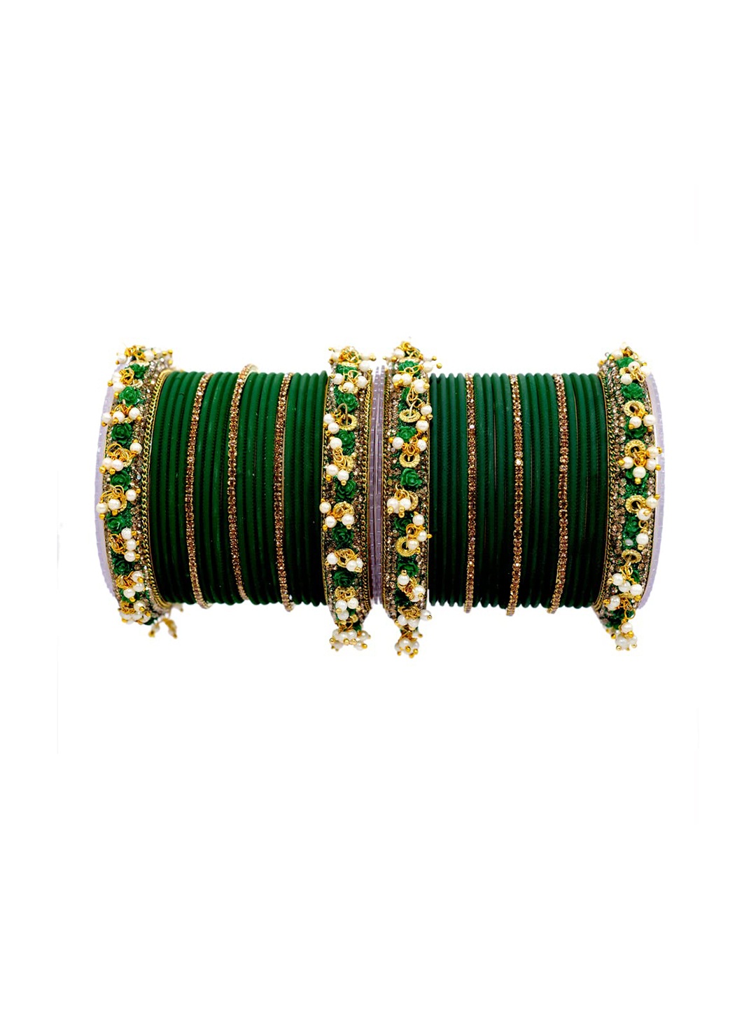 

ZULKA Set of 34 Zircon Gemstone and Pearls Latkan Bangles, Green