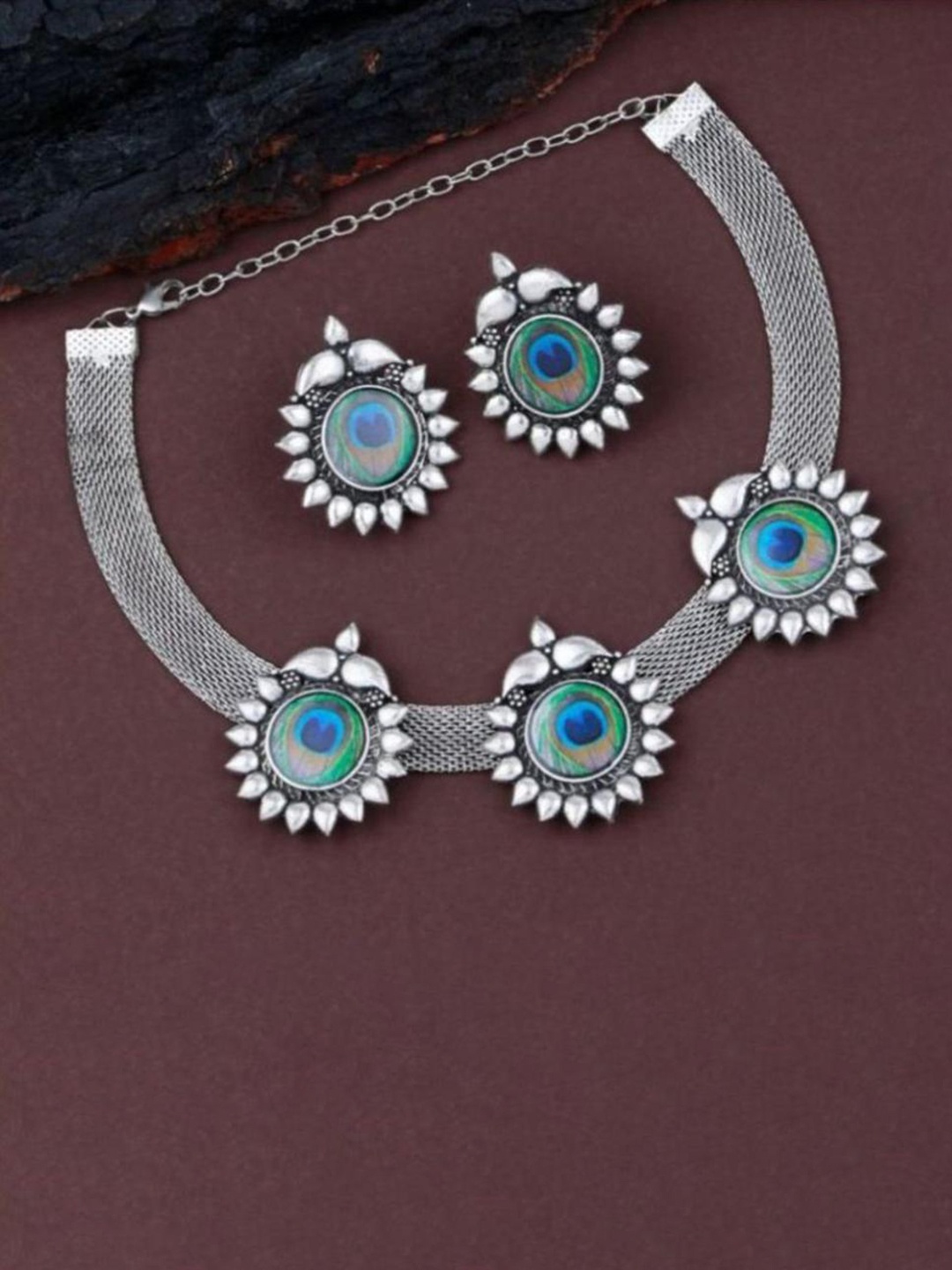 

SUNHARI Oxidised Necklace & Earrings, Silver