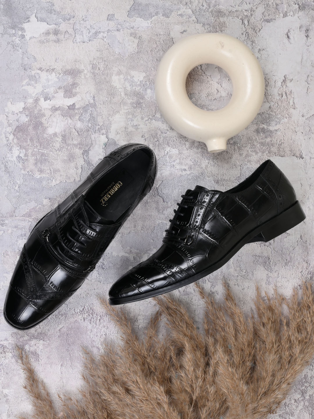 

Cobblerz Men Printed Leather Oxfords, Black
