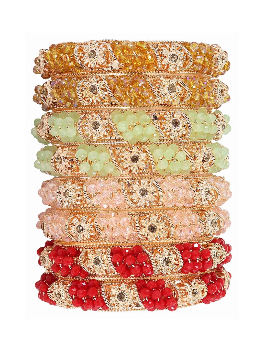 

ZULKA Set of 8 Artificial Stones and Beads Studded Bangles, Gold