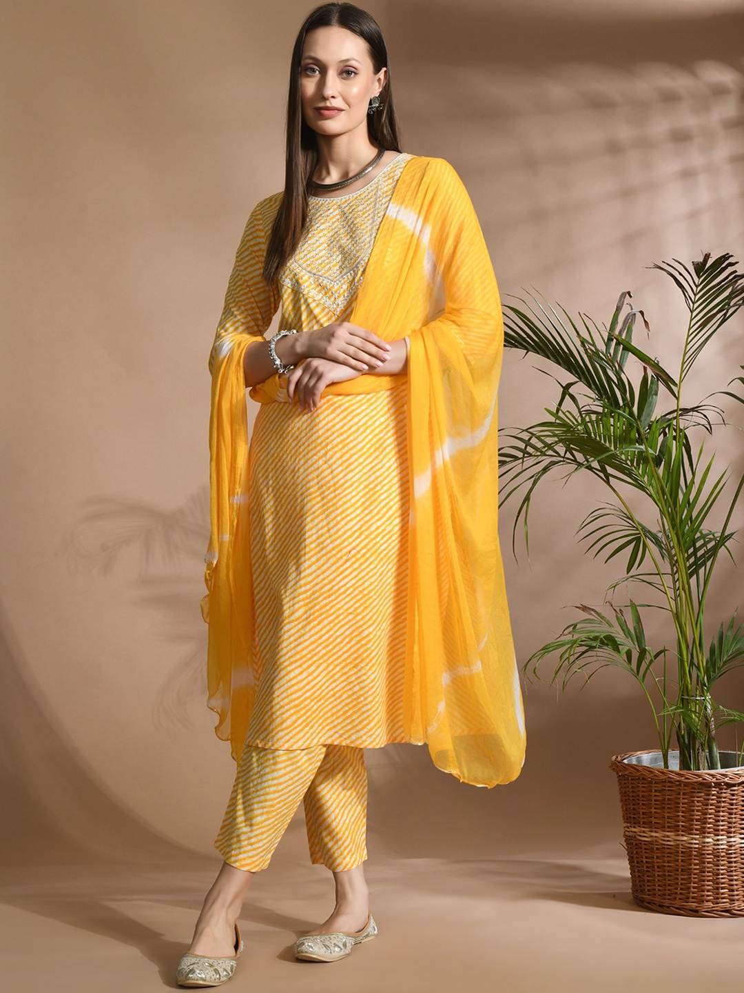 

KALINI Leheriya Printed Thread Work Pure Cotton Straight Kurta with Trouser & Dupatta, Yellow