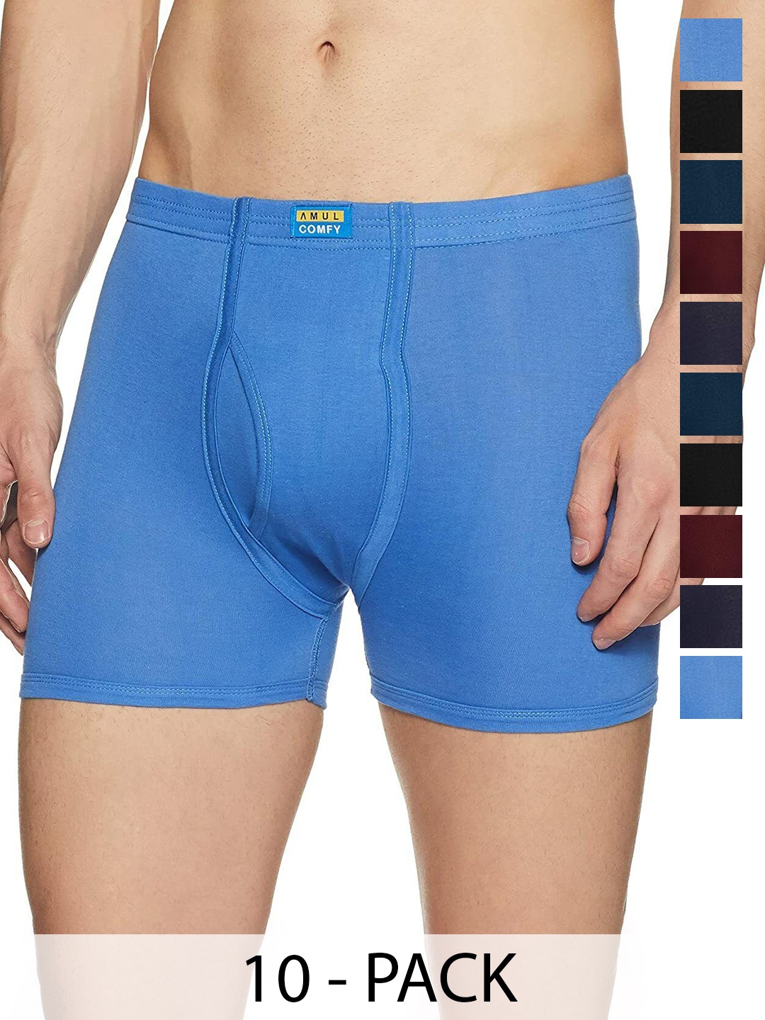 

AMUL COMFY Men Pack Of 10 Assorted Pure Cotton Trunks - Comfy-Plain-Trunk-IE-10-80, Blue