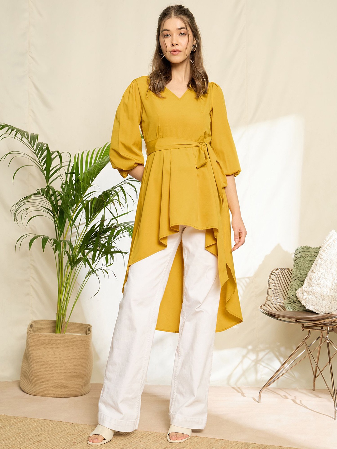 

Berrylush Women Bishop Sleeves High-Low Top, Yellow