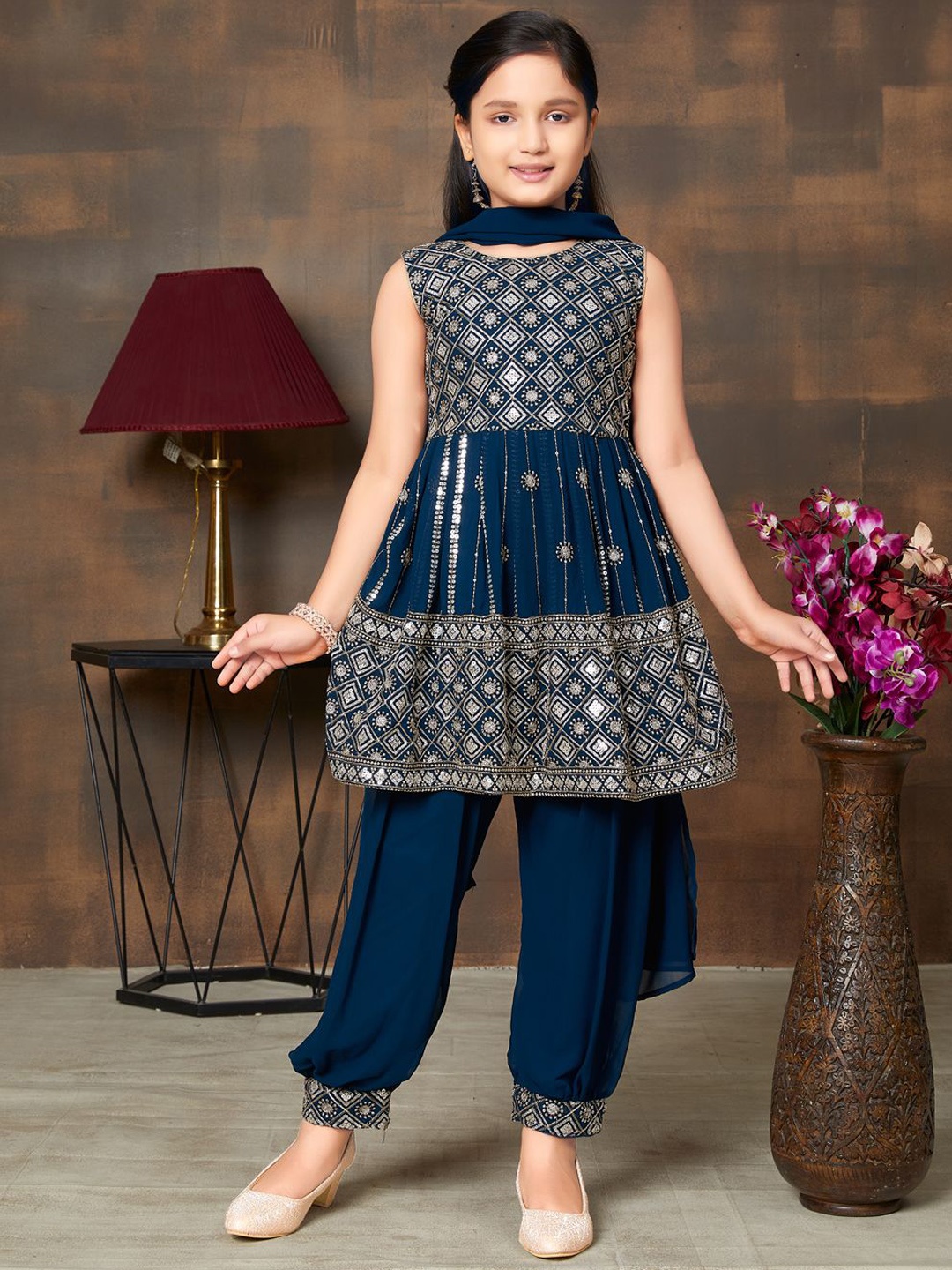 

Sangria Kids Sequin & Thread Embroidered A-Line Kurta & Patiala With Dupatta, Navy blue