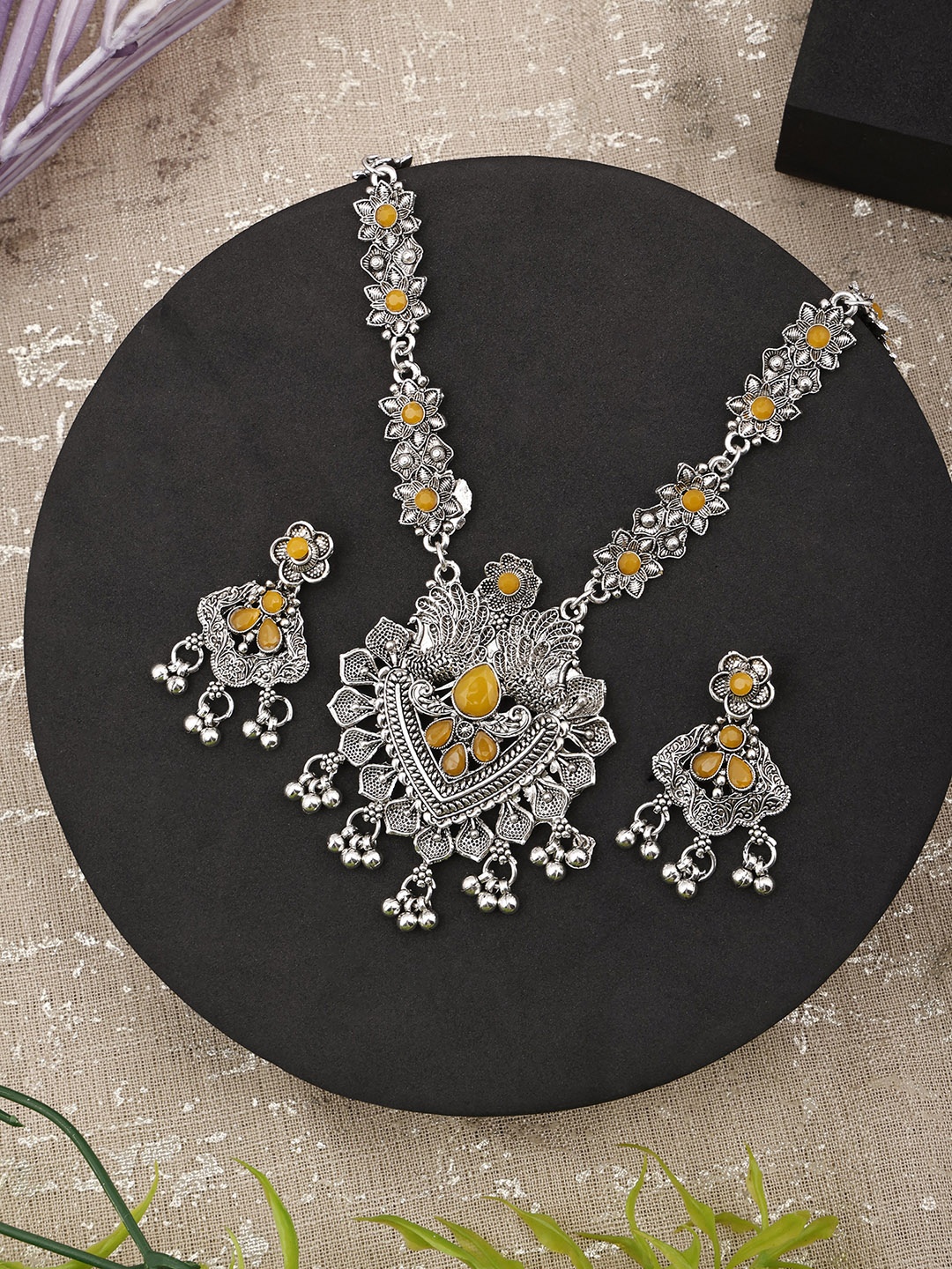

SUNHARI Yellow & Silver-Toned Stone-Studded & Beaded Oxidized Jewellery Set