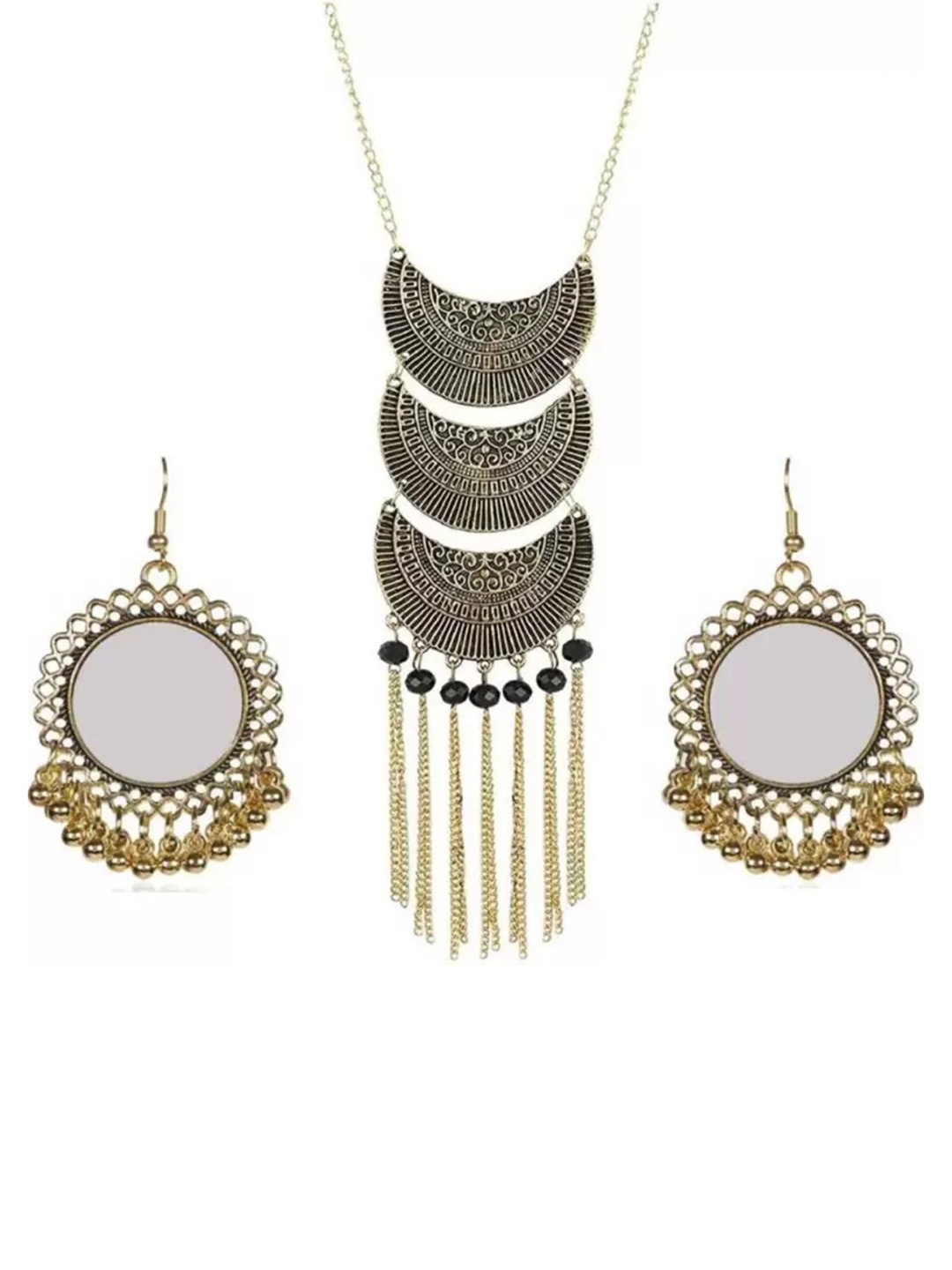 

SUNHARI Oxidised Beaded 3 Layered With Mirror Jewellery Set, Silver