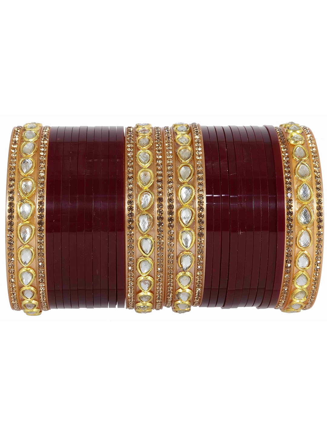 

ZULKA Set of 32 Oval Beads Or Zircon Gemstone Studded Bangle, Red